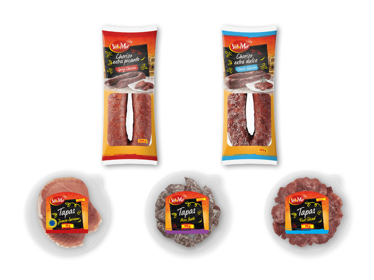 Chorizo og tapasprodukter, herunder krydret og klassisk chorizo, serranoskinke, mini fuet og skåret fuet.
