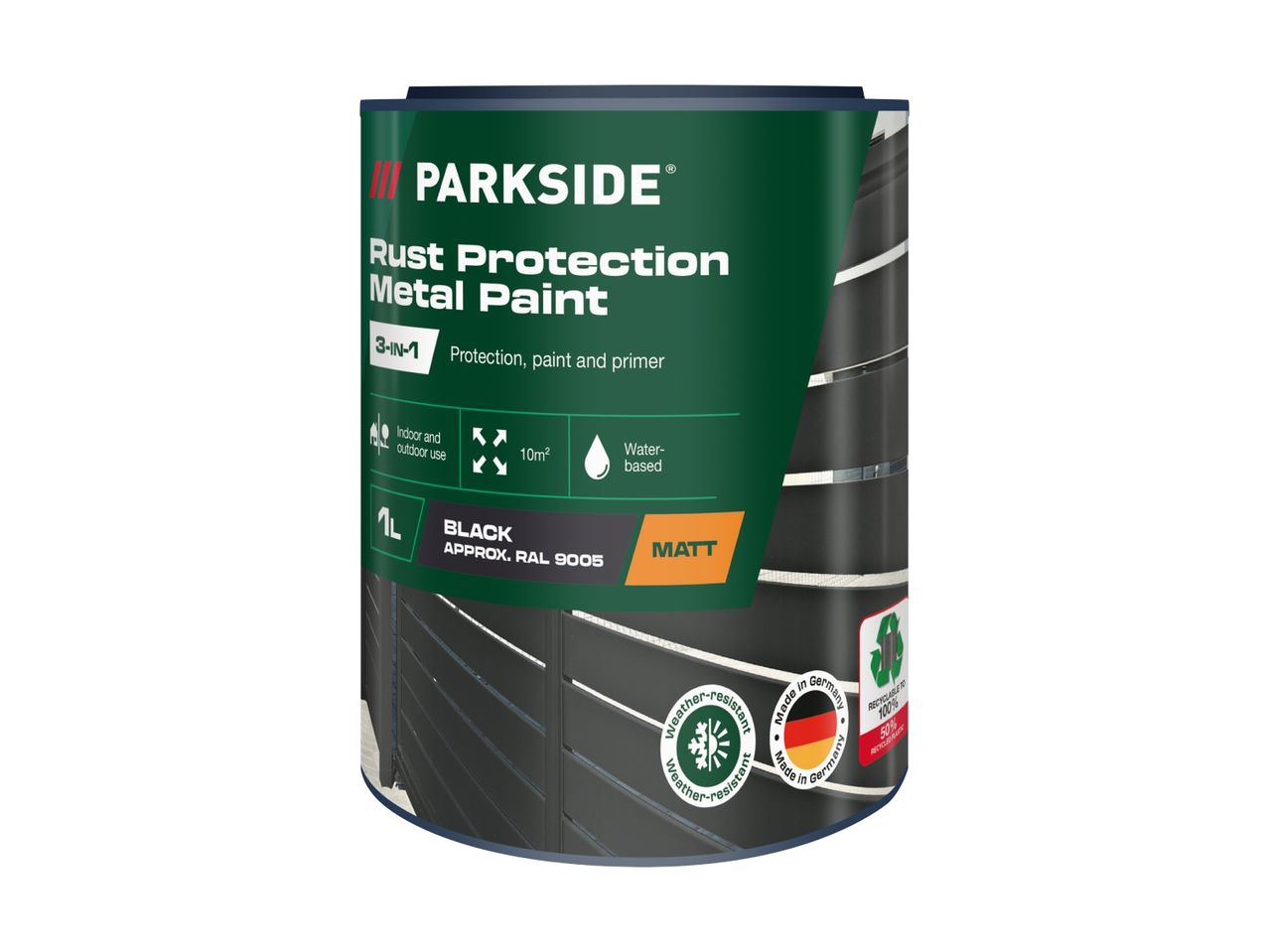 Rust protection metal paint in black, 1L, 3-in-1 protection, paint, and primer, matt finish.