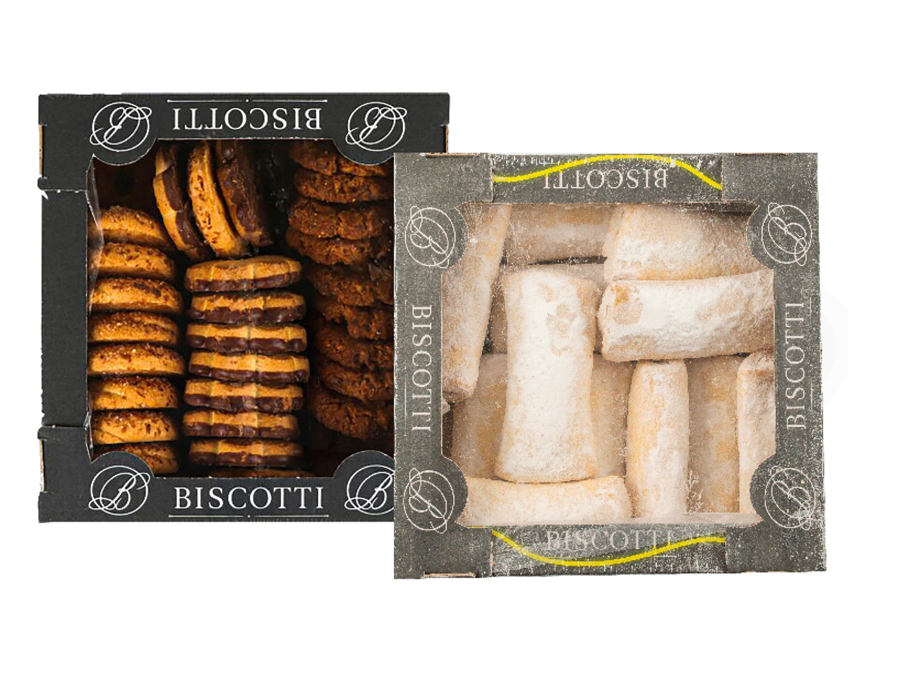 Divas kastes ar dažādiem cepumiem: viena ar šokolādes un riekstu cepumiem, otra ar pūdercukurā apviļātiem cepumiem.