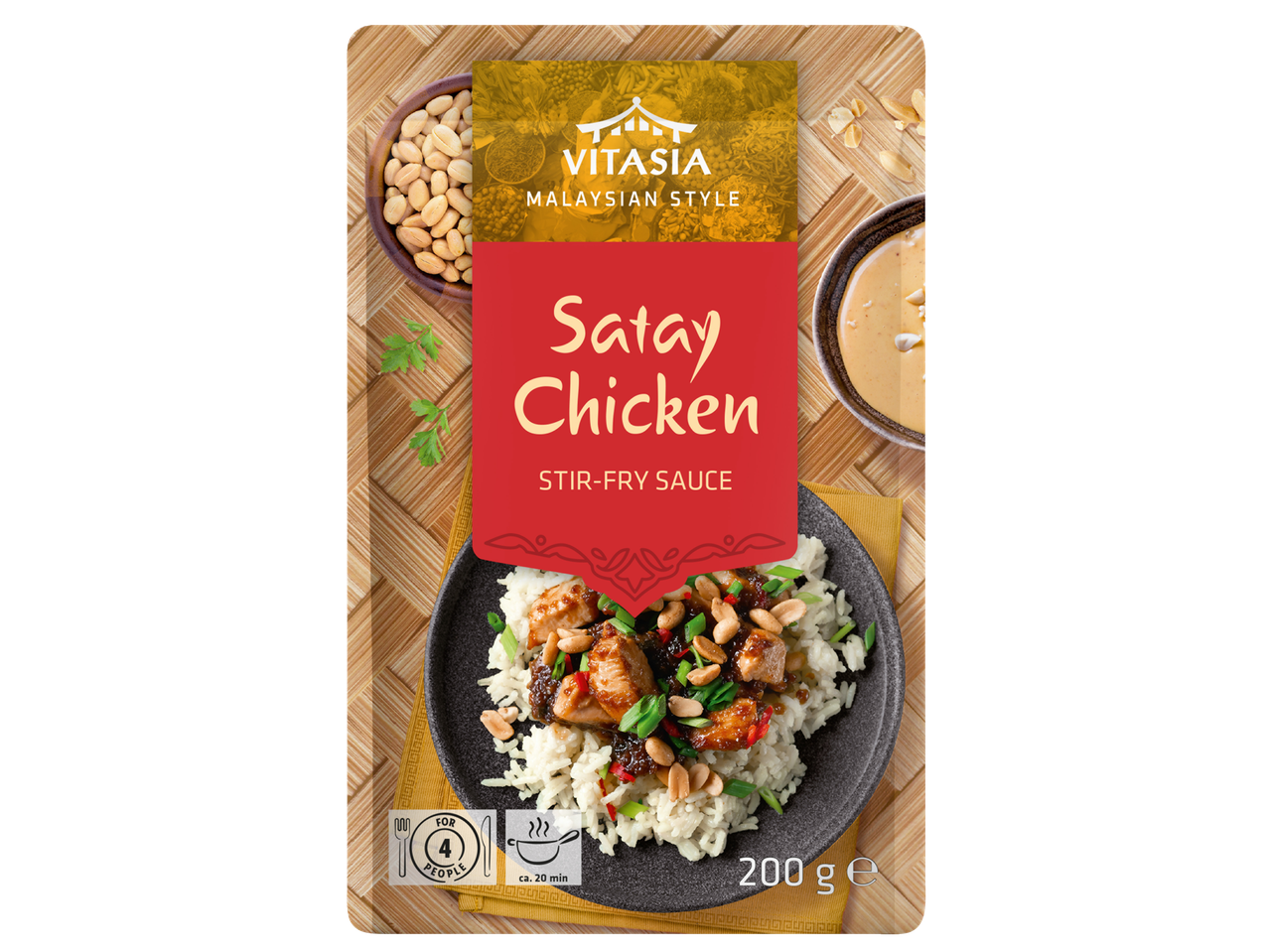 Vitasia Satay Chicken wok-saus, kip met rijst.