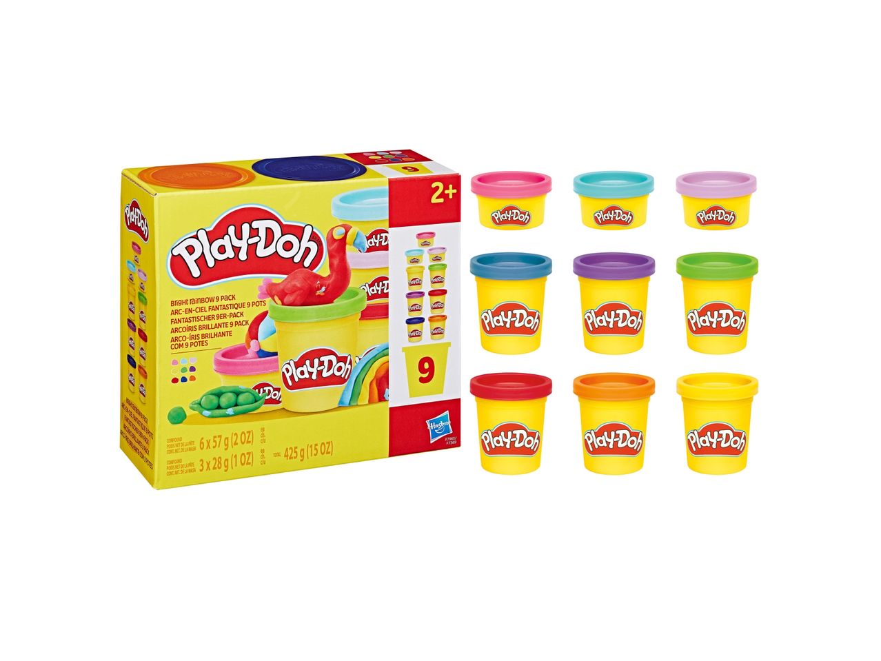 Confezione Play-Doh Bright Rainbow da 9 pezzi con vasetti di plastilina colorati.