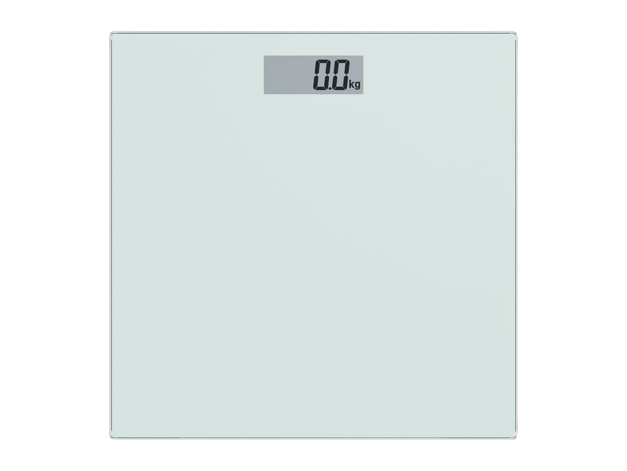 Digital bathroom scale with a clear glass surface displaying '0.0 kg'.
