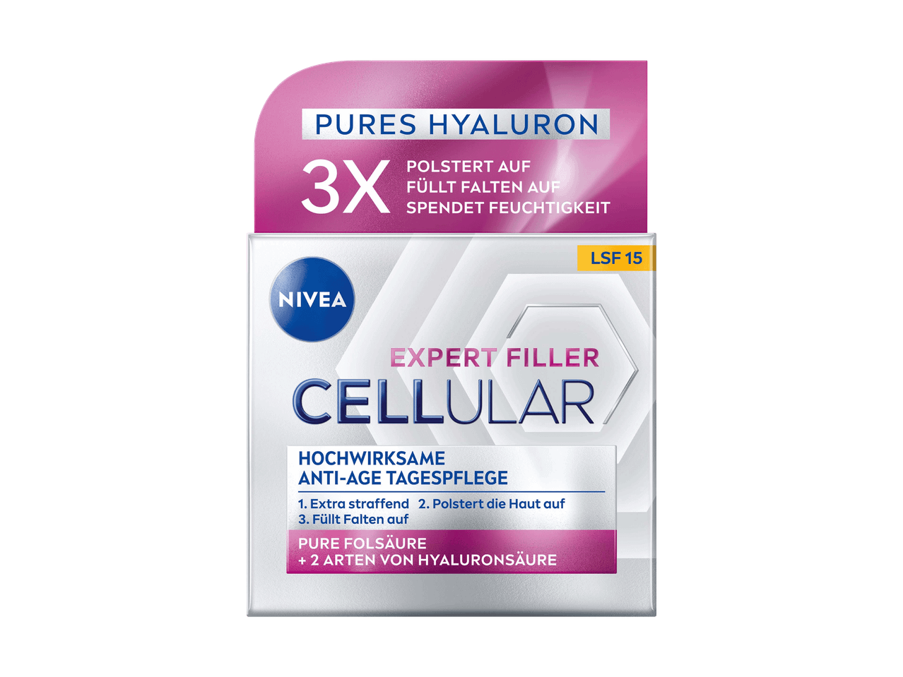 Crema giorno anti-età con acido ialuronico e LSF 15, rassoda e riempie le rughe.