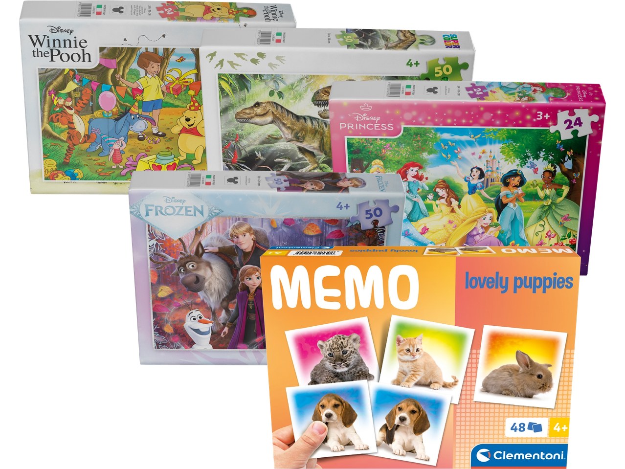 Clementoni pussel och minnesspel med Disney-tema, Frost, Winnie the Pooh och Disney Princesser.