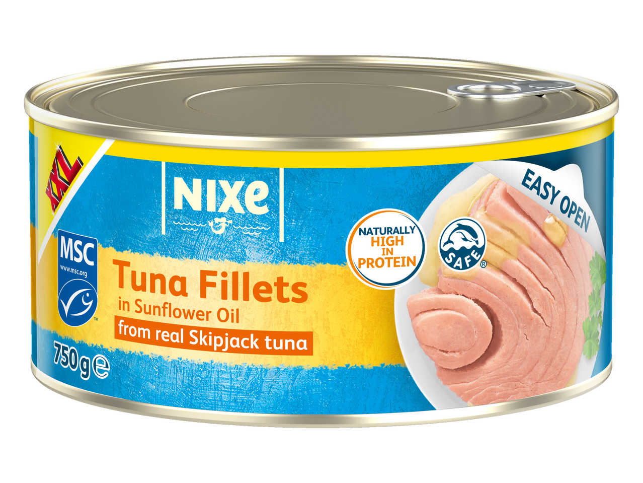 Conservă Nixe XXL cu fileuri de ton în ulei de floarea-soarelui, 750g, cu deschidere ușoară.