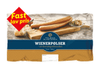 Pakke med wienerpølser, 8 stk. | 500 g, med teksten 'Fast lav pris'.
