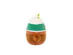 Plush toy shaped like a drink with whipped cream and candy cane, green and brown.
