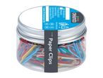 A clear jar of Crelando colored paper clips.