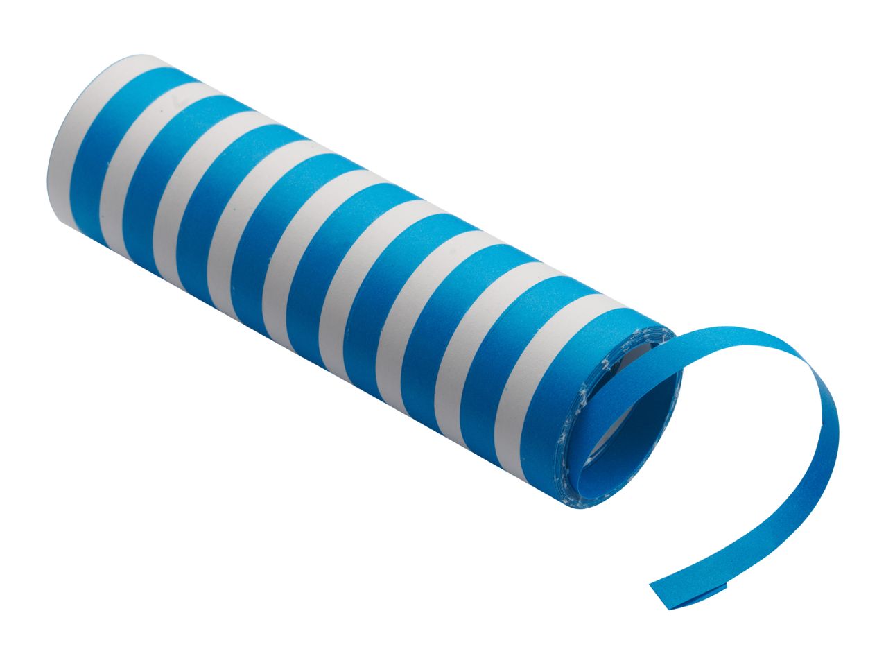 Blue and white striped party popper with a blue streamer unrolling