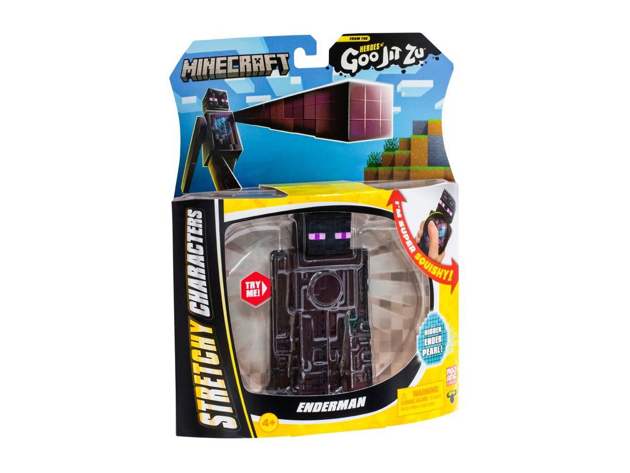Minecraft Enderman stretchy character toy in packaging, featuring 'I'm Super Squishy!' text.