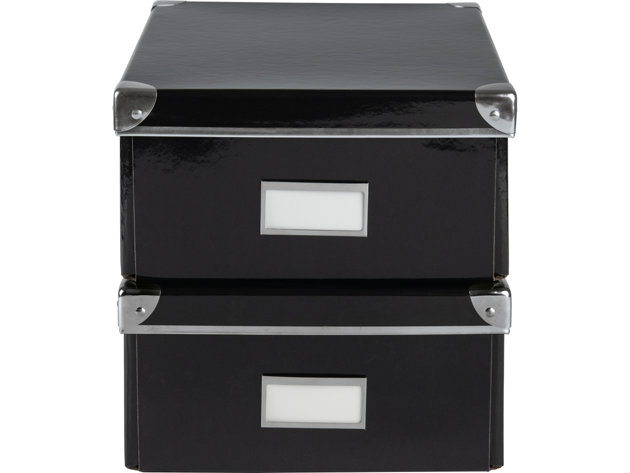 Divas melnas uzglabāšanas kastes ar etiķešu turētājiem.