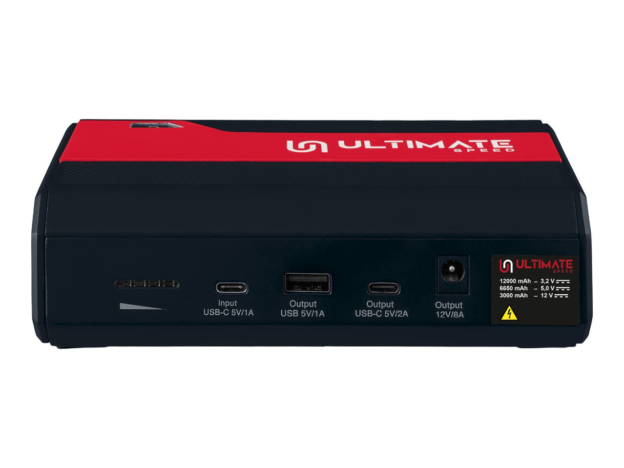 ULTIMATE SPEED jump starter with various input/output ports and battery specifications.