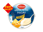 Græsk yoghurt med ananas, appelsin og mandarin i en 1 kg beholder med et 'Fast lav pris'-mærke.