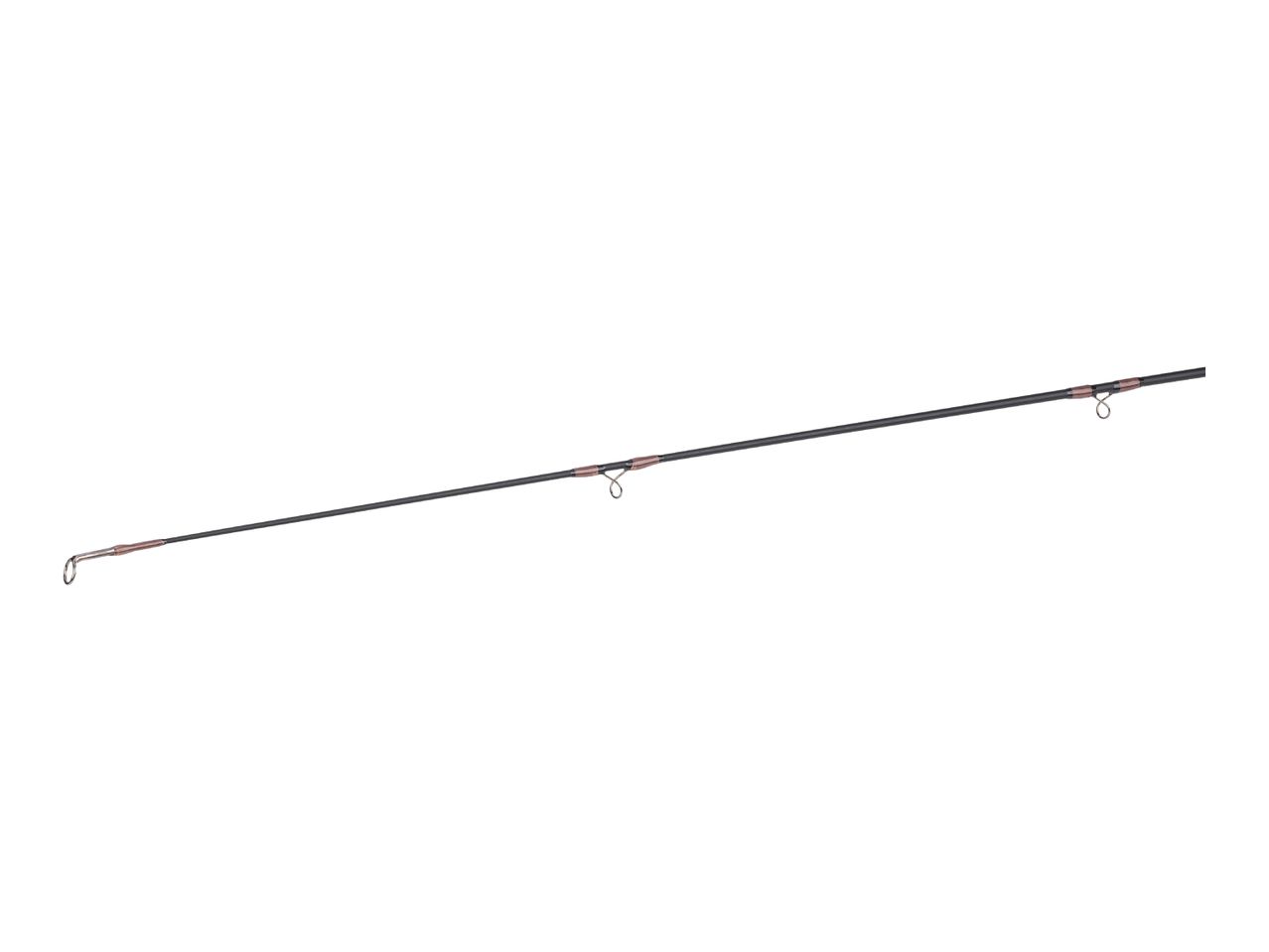A dark fishing rod with copper-colored accents and guides, angled across a white background.