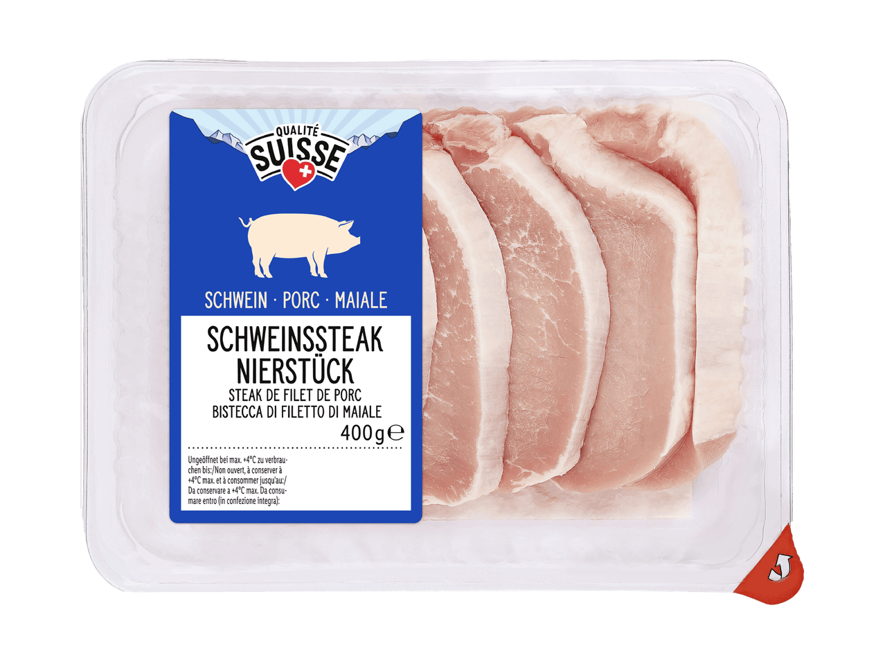 Confezione di bistecche di maiale Qualité Suisse da 400g.