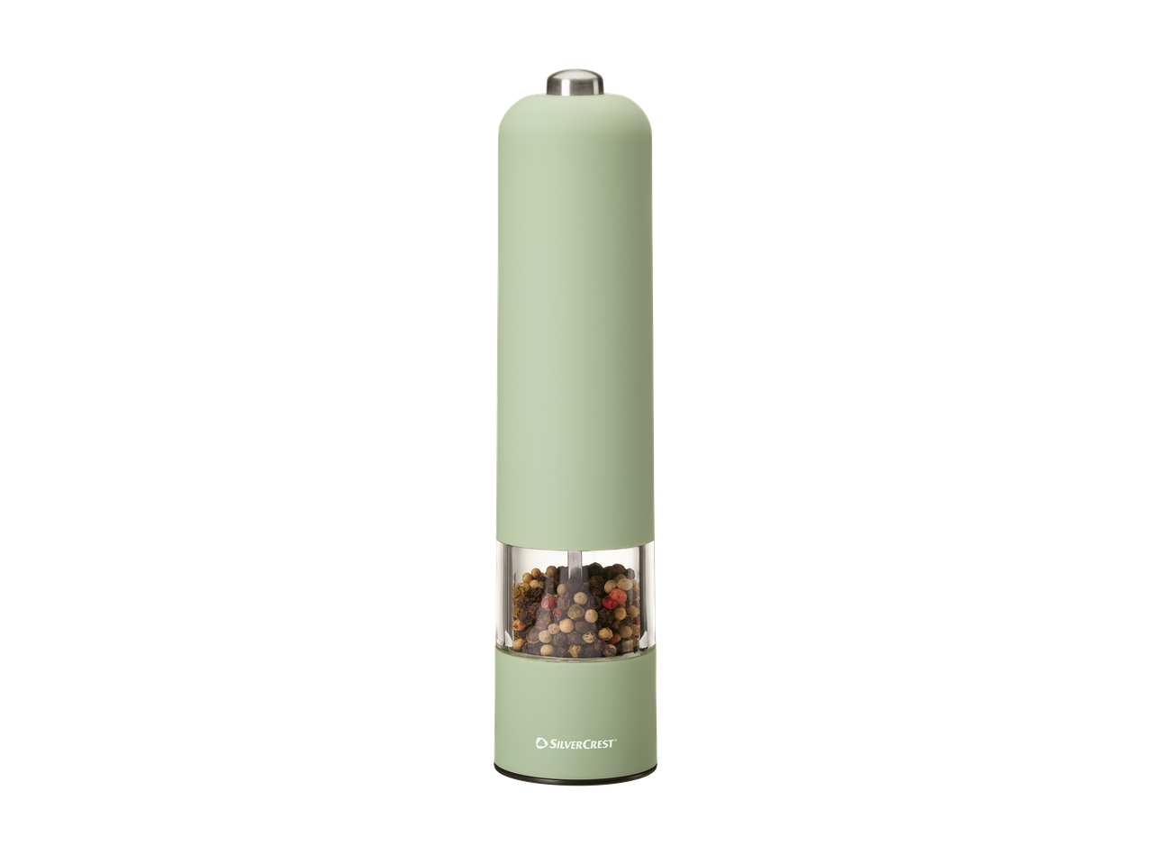 Moulin à poivre électrique vert clair avec un mélange de grains de poivre visibles.