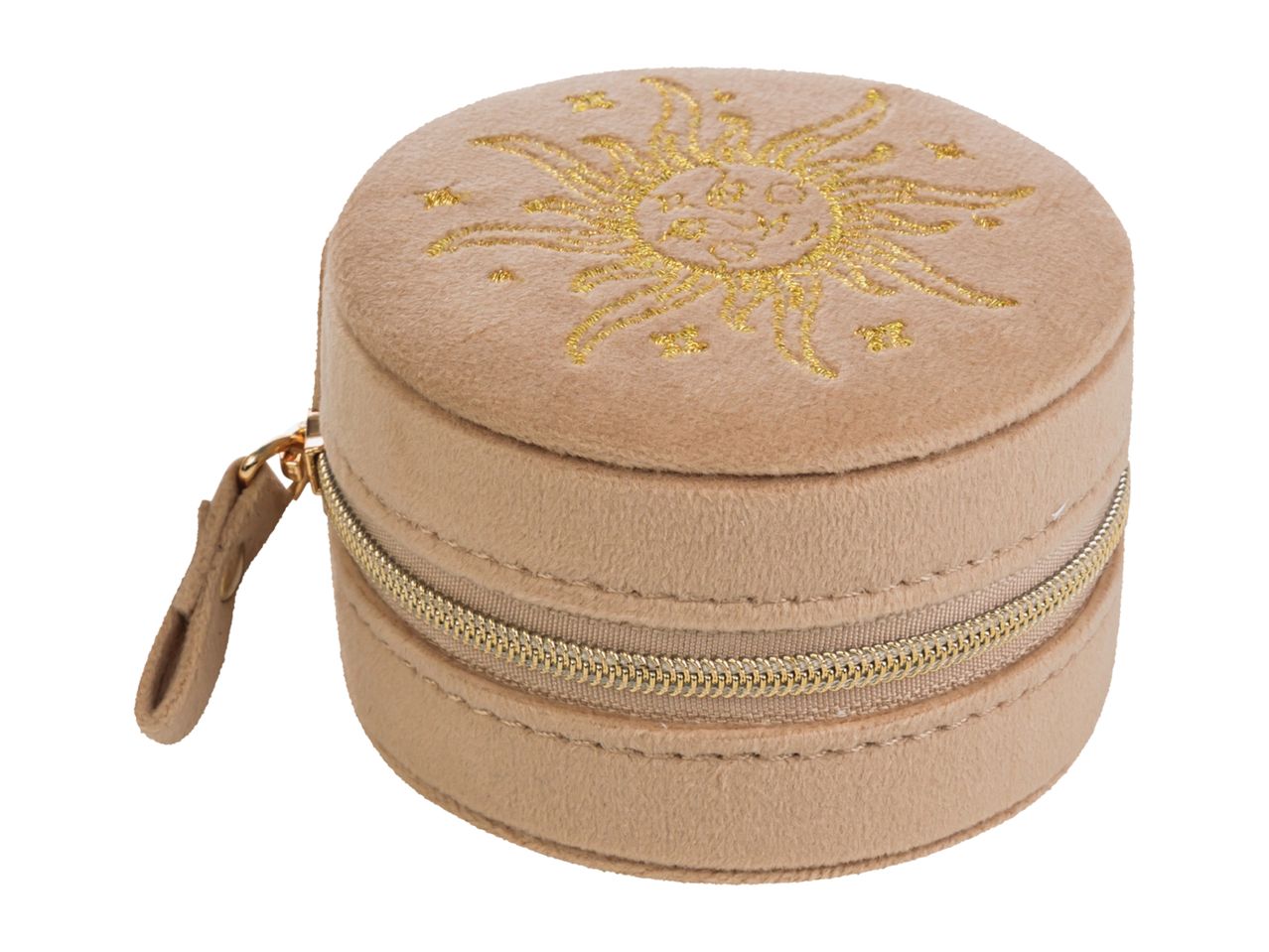 A beige velvet round jewelry box with a gold sun design and zipper.