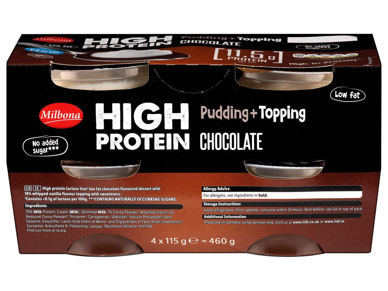 Milbona High Protein Chocolate Pudding + Topping, 4 x 115g, low fat, no added sugar.