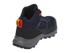 Dark blue and black waterproof mid-cut hiking boot with orange details, rear view