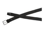Black braided belt with a silver buckle on a white background.