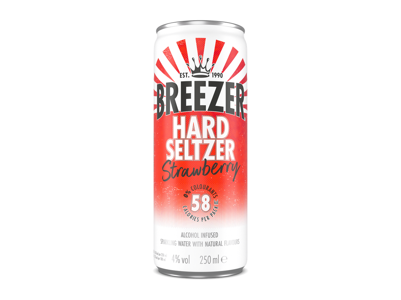 Blikje hard seltzer met aardbeiensmaak, 58 calorieën per blikje, 4% alcohol.