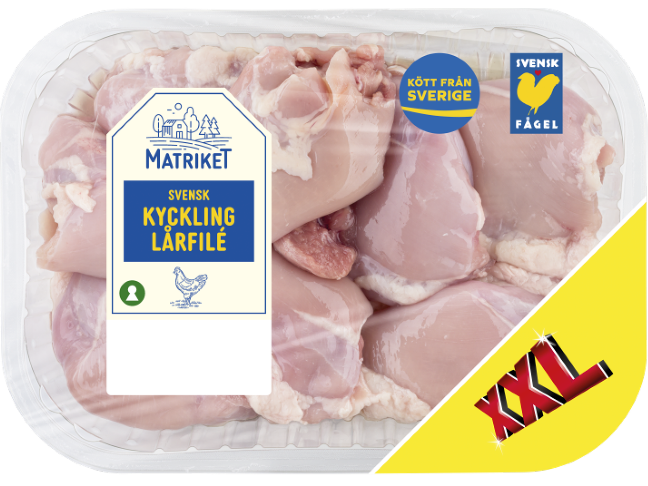 Förpackning med svensk kycklinglårfilé från Matriket, märkt med 'Kött från Sverige' och 'Svensk Fågel'.