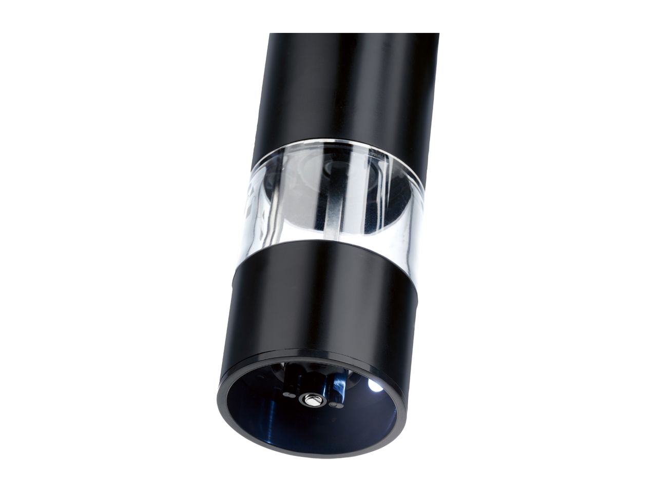 Black electric pepper grinder with a clear viewing window and an illuminated grinding mechanism.