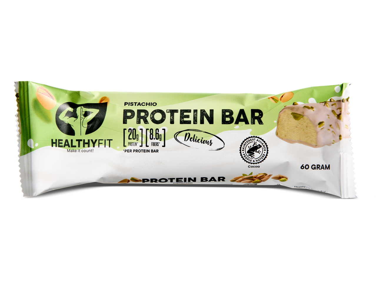 HealthyFit Pistache Eiwitreep met 20g eiwit en 8,6g vezels.