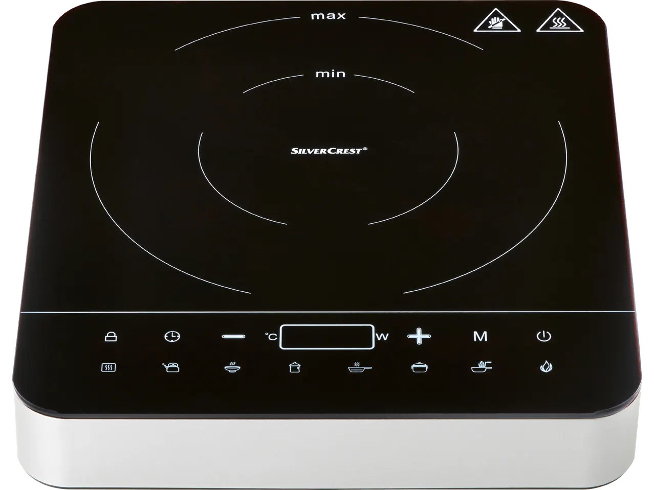 Svart induktionshäll med SilverCrest-märkning och digital display.