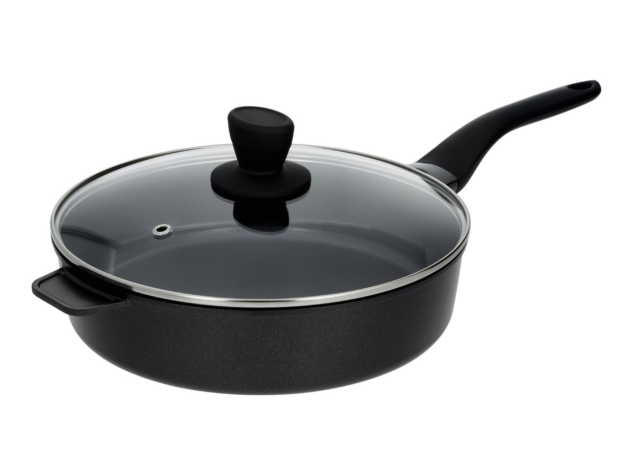 Deep frying pan with a glass lid and helper handle