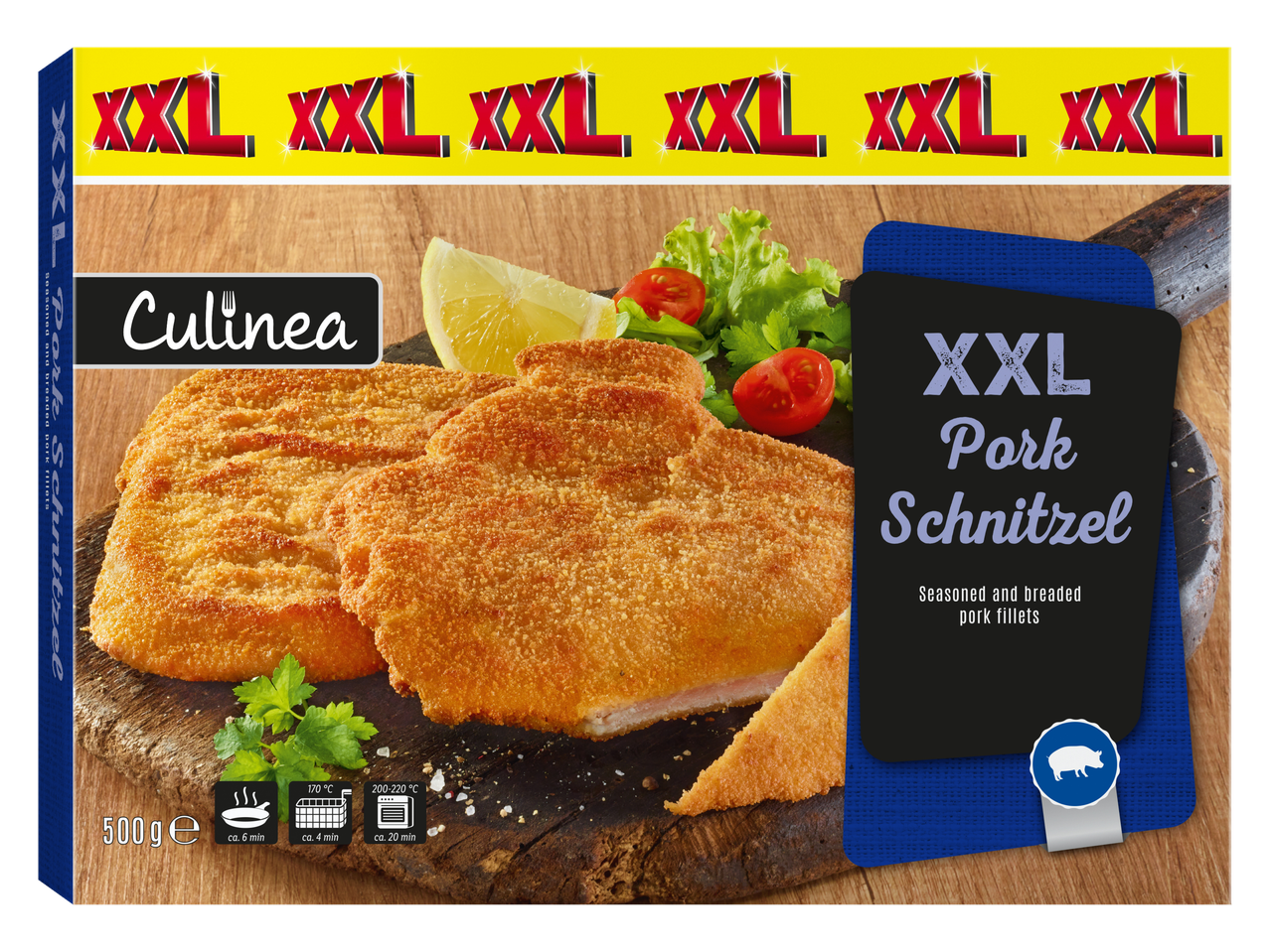 Culinea XXL varkens schnitzel: Gekruide en gepaneerde varkensfilets.
