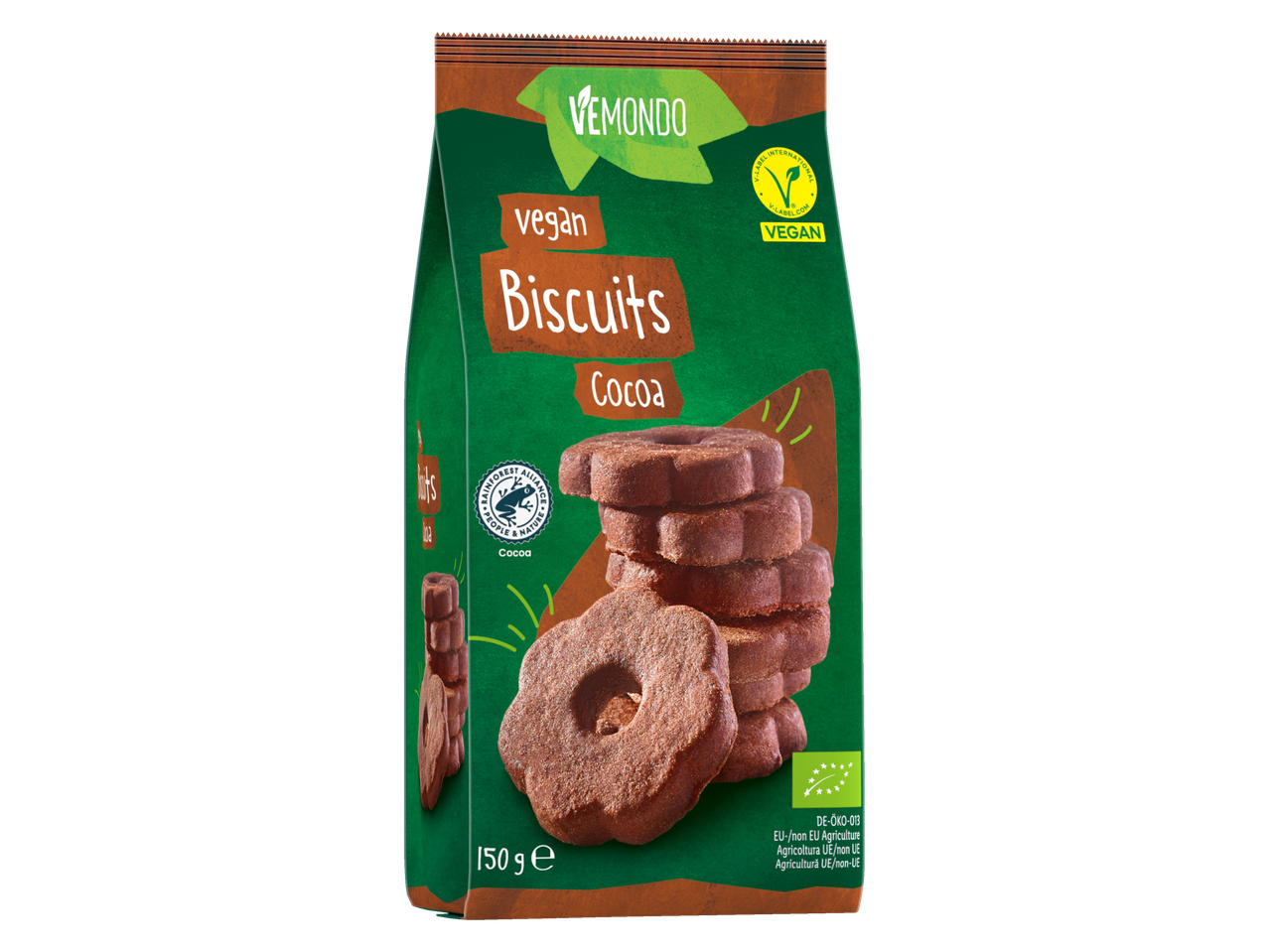 Vemondo fursecuri vegane bio cu cacao în ambalaj verde