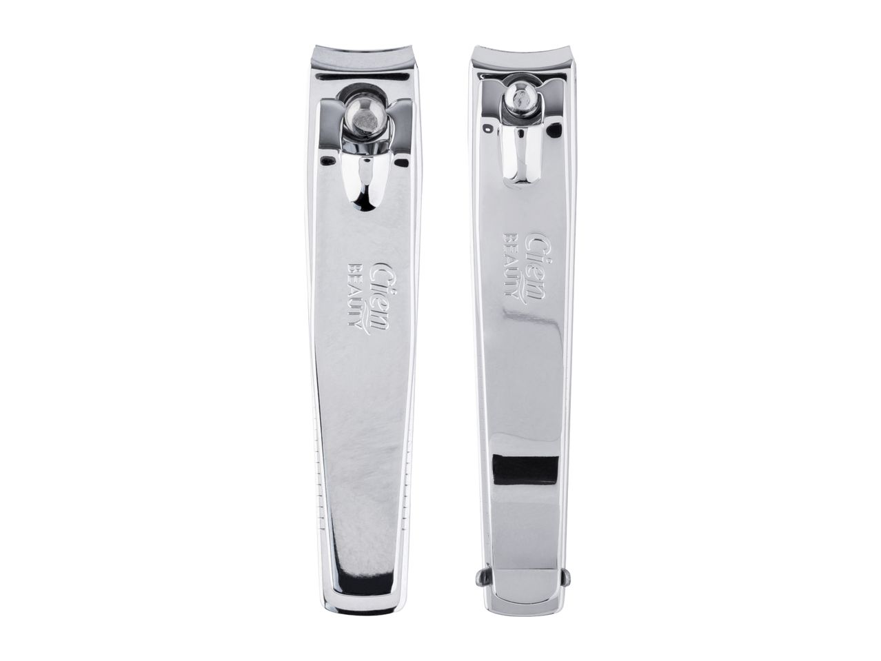 Two silver nail clippers with the brand name 'Cien Beauty' engraved on them.