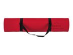 Rolled-up red exercise mat with black carrying straps.