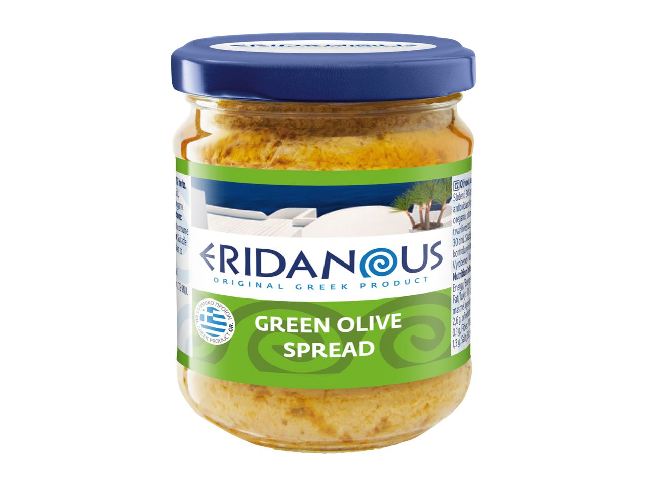 Eridanous Green Olive Spread in a glass jar with a blue lid.
