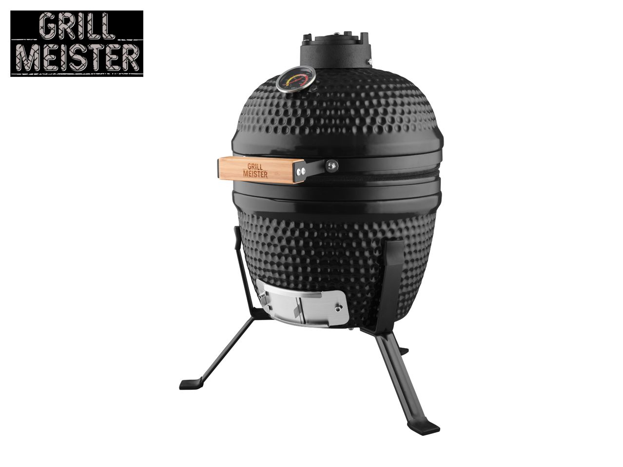 Black ceramic kamado grill with a built-in thermometer and a wooden handle.