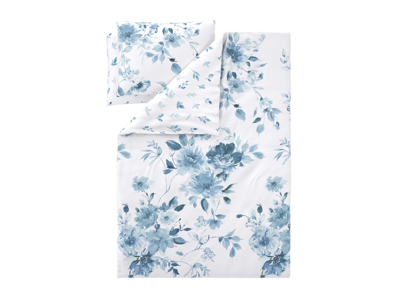 White duvet cover set with blue watercolor floral pattern, including a pillowcase.