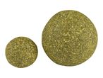 Two catnip balls, one small and one large, on a white background.