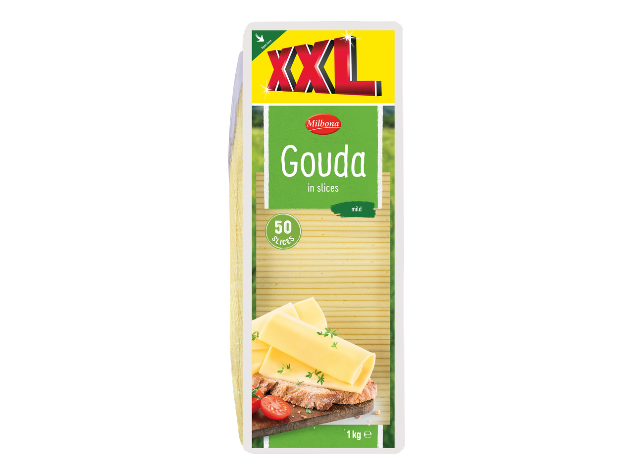 Paquet de tranches de Gouda doux, 50 tranches, 1 kg.