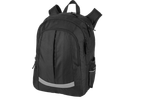 Mochila preta com bolso lateral de malha.