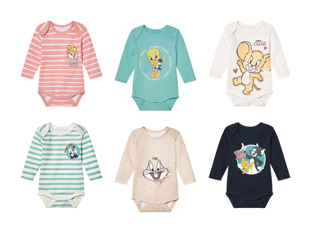 Sæt med seks babybodyer med Looney Tunes og Tom & Jerry motiver.