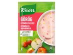 Knorr görög gyümölcsleves gyümölcsdarabokkal, eperrel, almával és őszibarackkal.