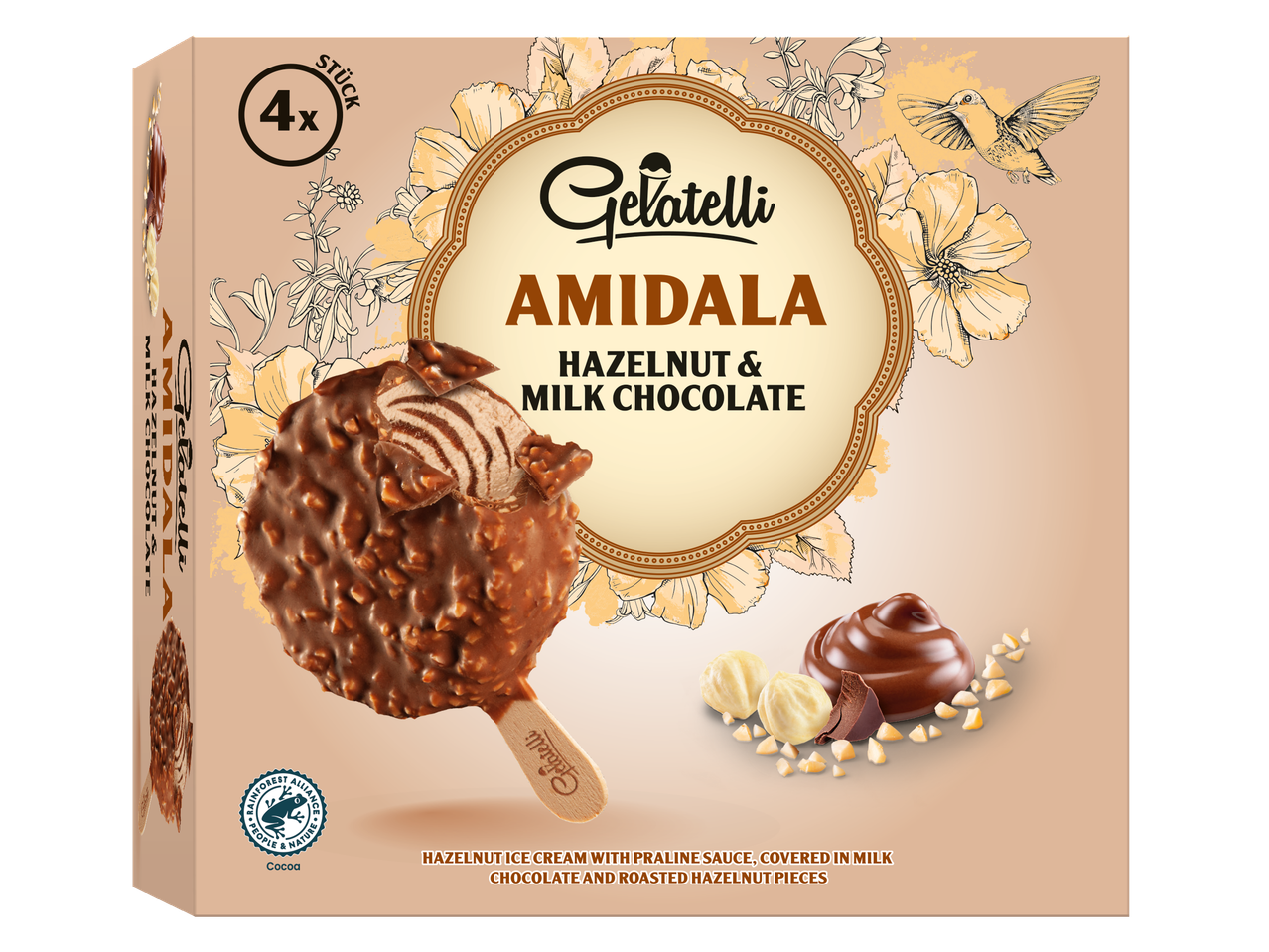 Gelatelli Amidala: 4 picolés de avelã e chocolate ao leite.