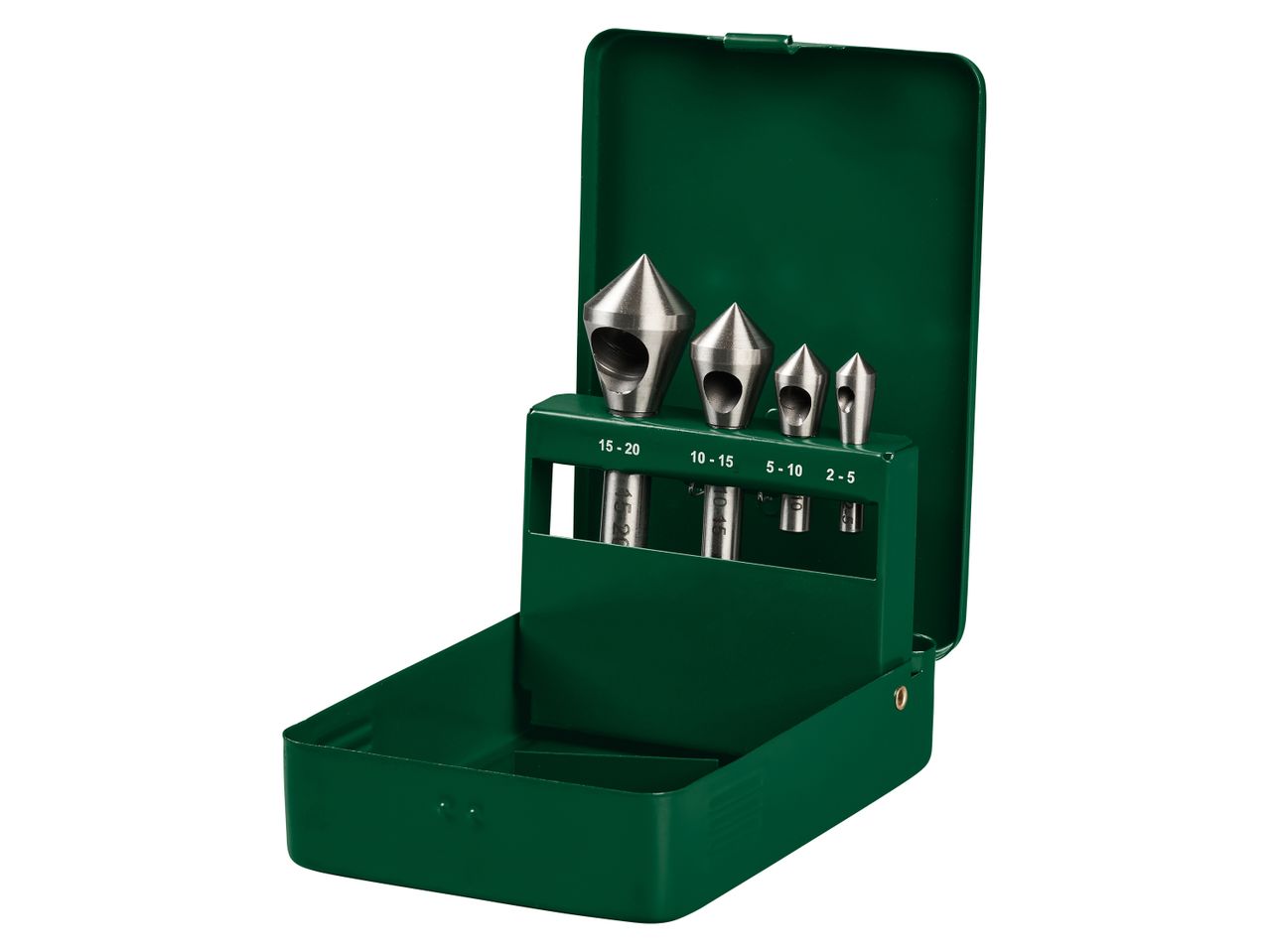 Set di 4 svasatori conici in metallo in una scatola verde aperta