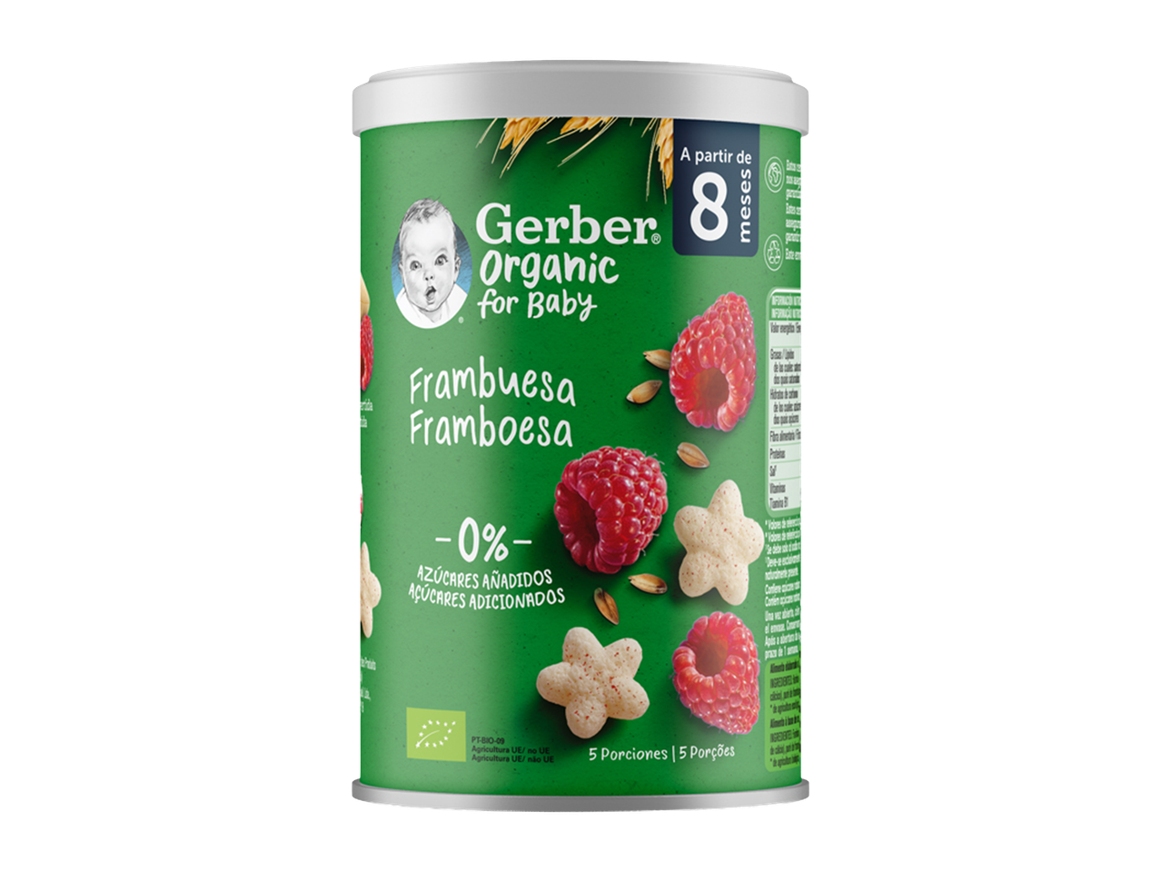 Gerber Organic para bebé, framboesa, sem açúcares adicionados, a partir dos 8 meses.