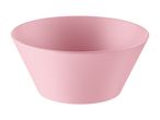 En lyserød skål med en bred åbning og en smal base, set fra en let vinkel.
