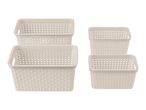 Four beige plastic woven storage baskets of varying sizes.