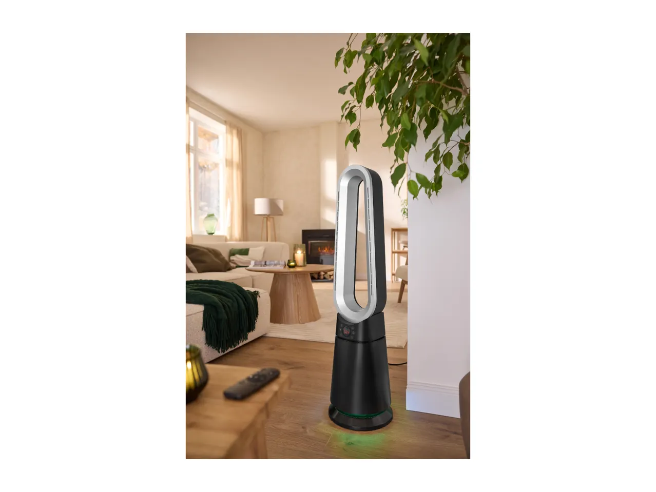 Bladeless tower fan and heater in a modern living room setting.