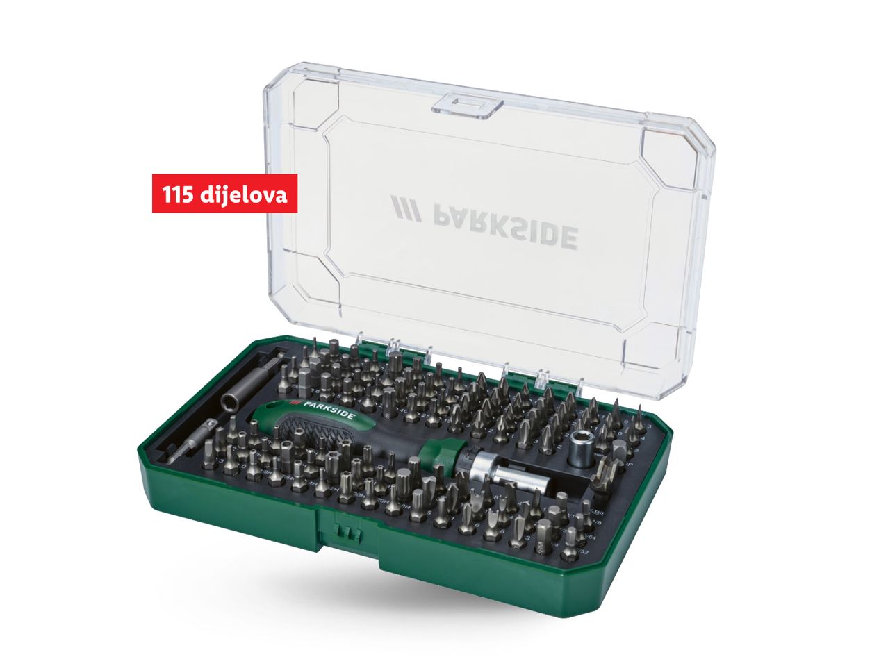 Parkside set od 115 dijelova s odvijačem i bitovima u praktičnoj kutiji.