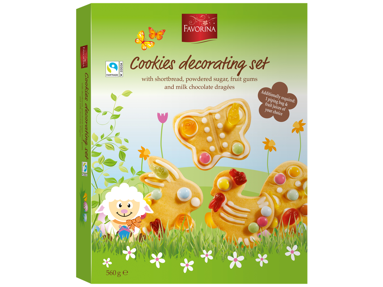 Favorina sausainių dekoravimo rinkinys su trapios tešlos sausainiais, cukraus pudra, vaisiniais guminukais ir pieninio šokolado dražėmis.